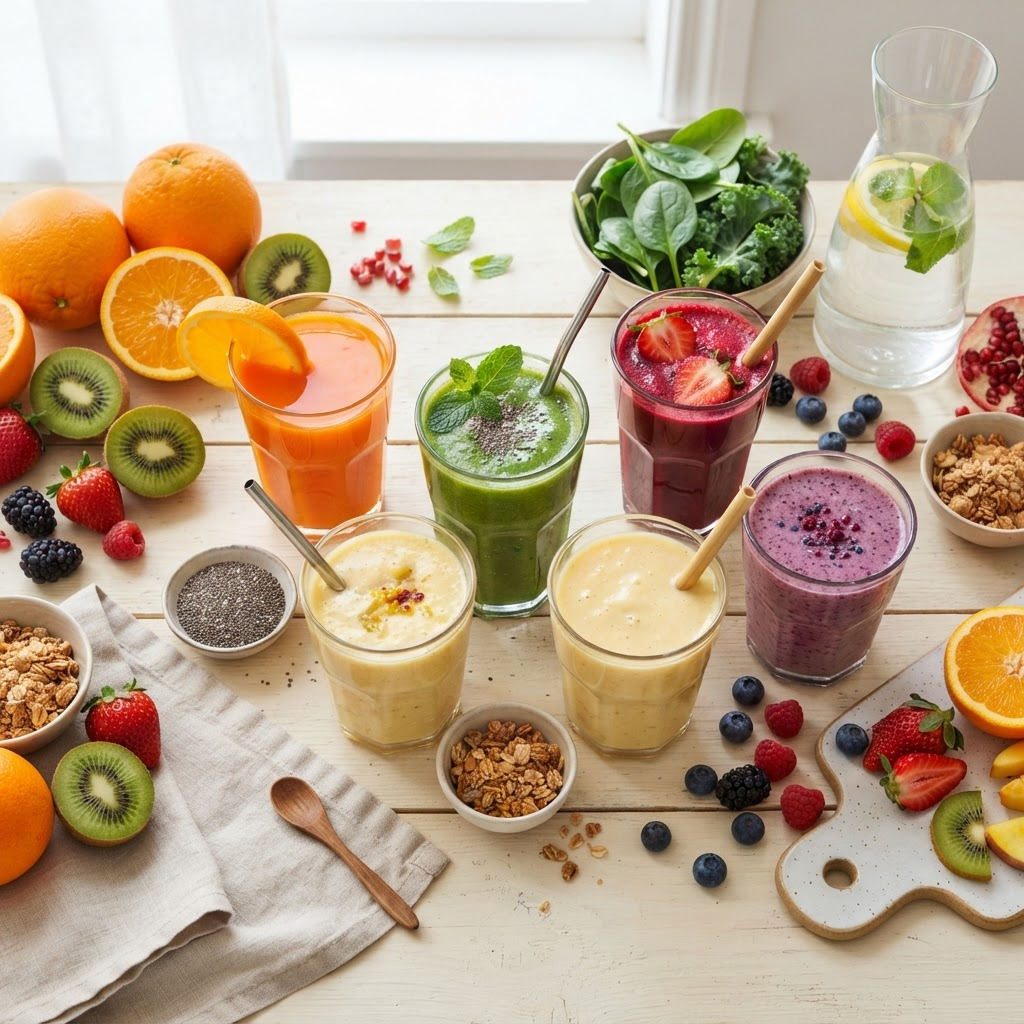 A fresh spread of colorful juices, smoothies, and fruit